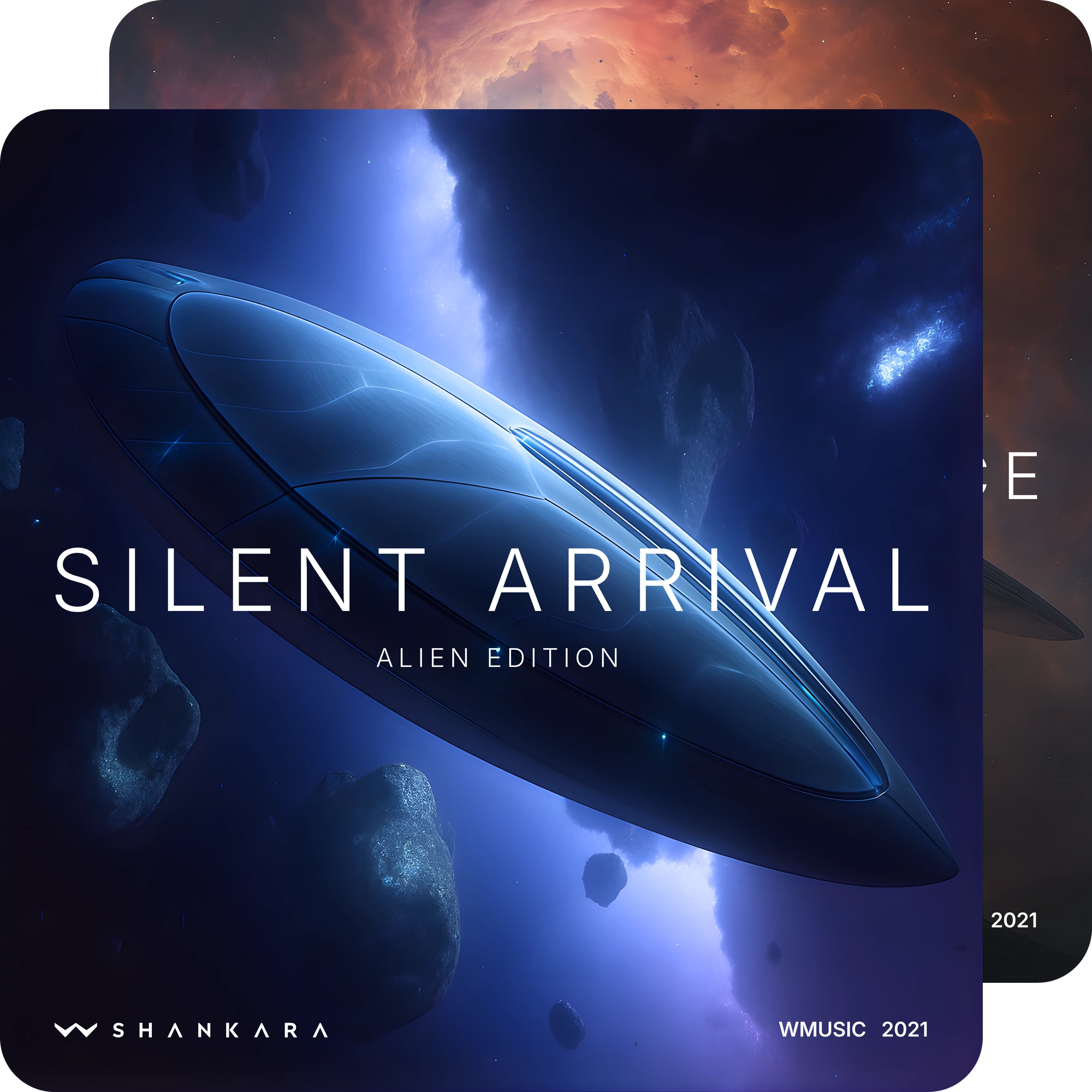 Overlapping WMusic cover artworks, with Silent Arrival, Alien Edition, 2021 in front